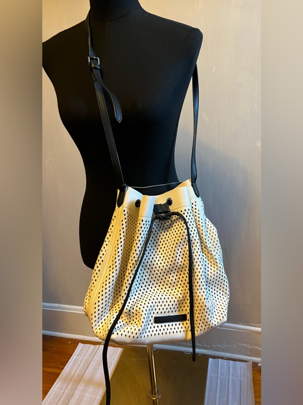 Armani Exchange Perforated Bucket Bag Faux Leather White & Gunmetal Hardware